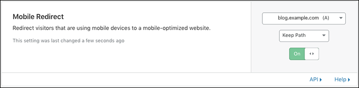 Mobile Redirect card with a sample URL, Keep path option, and the feature toggled to